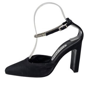 1990s Vintage Formal Heels Black 6.5 Shiny Satin Rhinestone Ankle Strap Prom